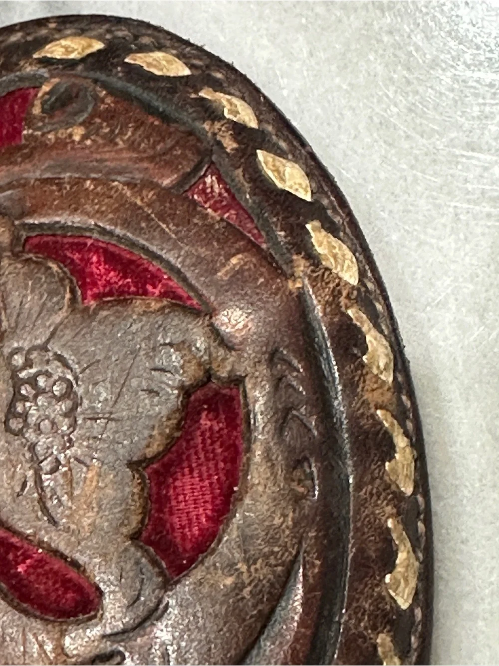 Circle Y Tooled Leather Belt Buckle Vintage Western Bird Red Velvet
